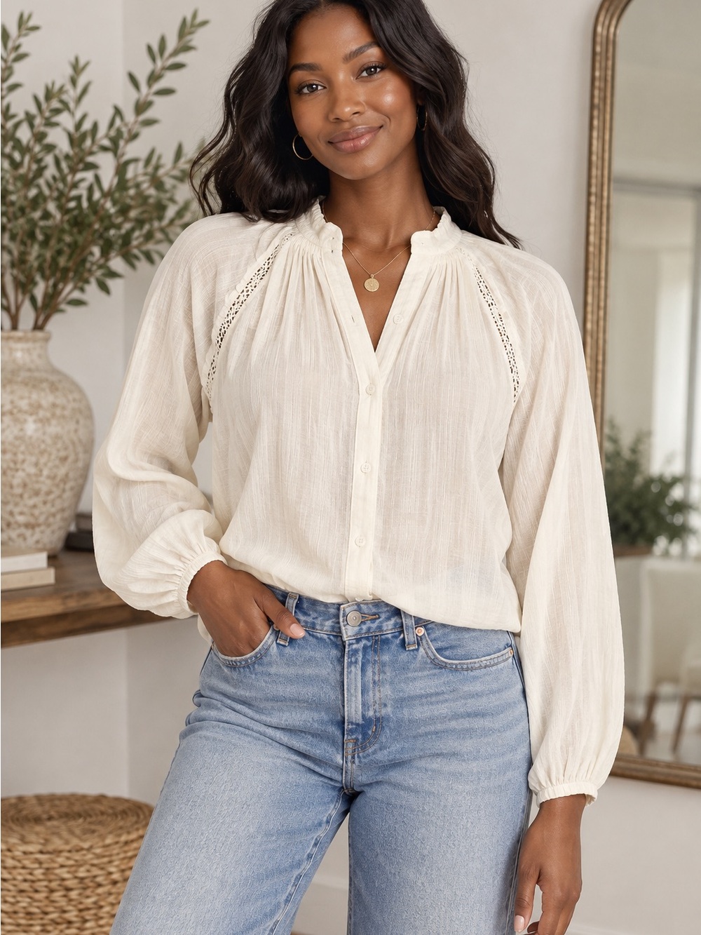 Universal Thread Ivory Lace Trim Button Front Blouse XS NWT